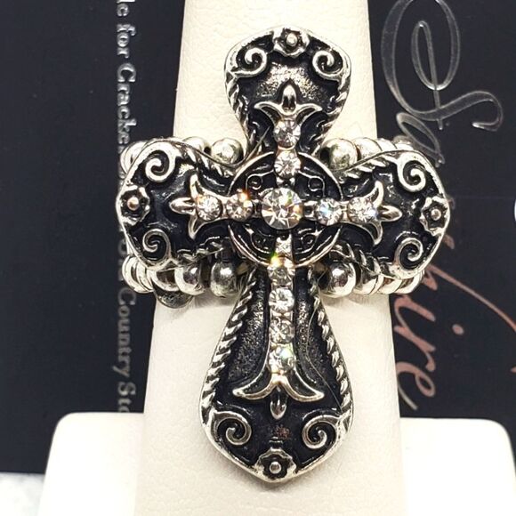 NWT Sapphire Silver Tone Stretchy Cross Ring - Picture 1 of 3